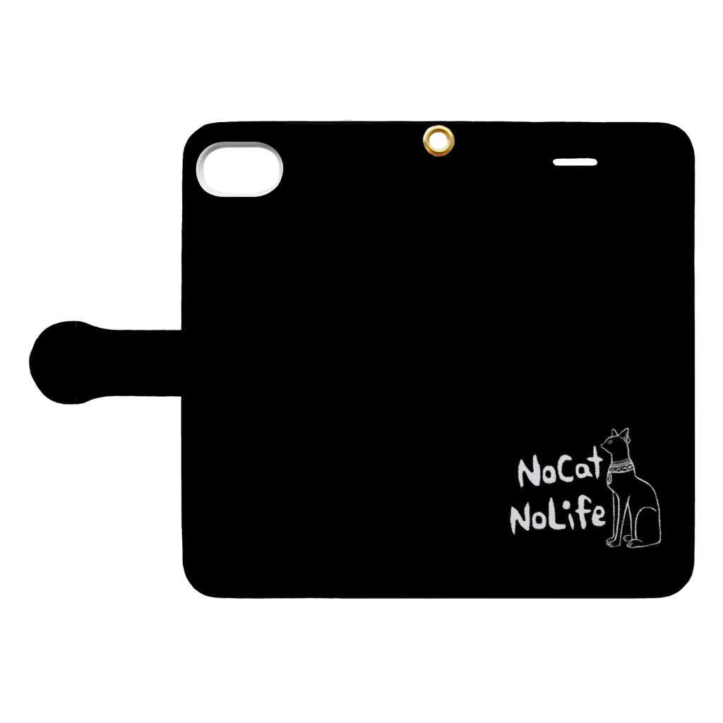 ネコやのバステト　NO Cat NO Life文字入り　手帳型スマホケース　黒 Book-Style Smartphone Case:Opened (outside)