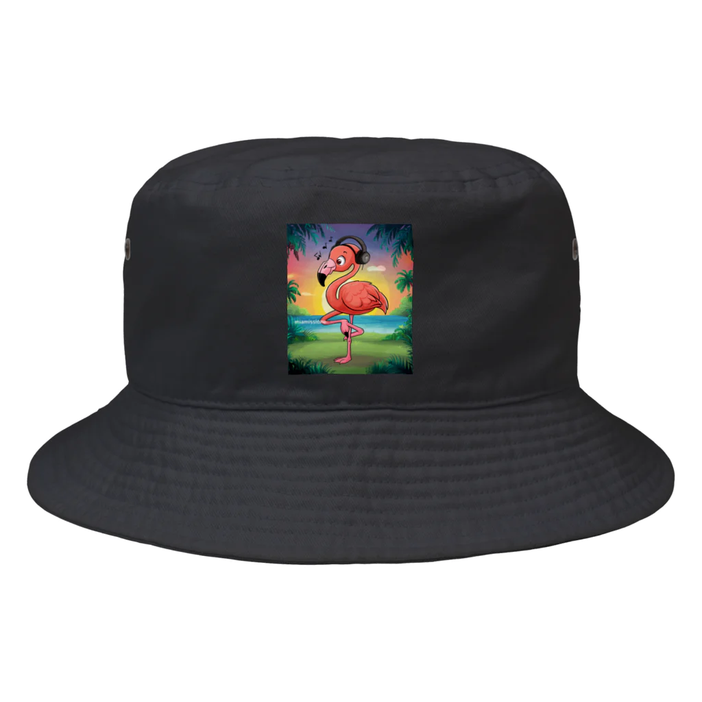 miamissioneのmiamissione オリジナル - ヘッドセットでノリノリの夢見るフラミンゴ - Bucket Hat