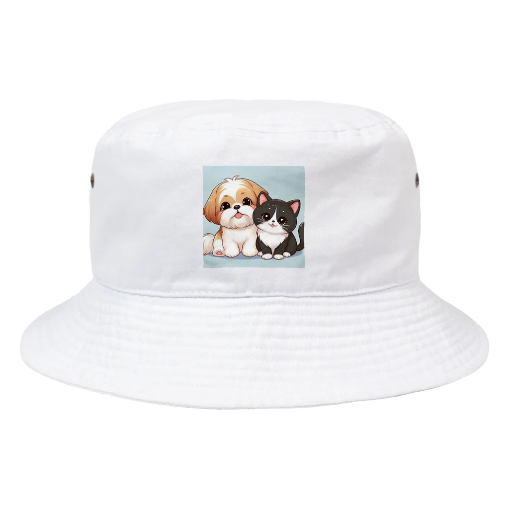 ワンコとにゃんちゃんズのシーズーと白黒にゃんこ Bucket Hat