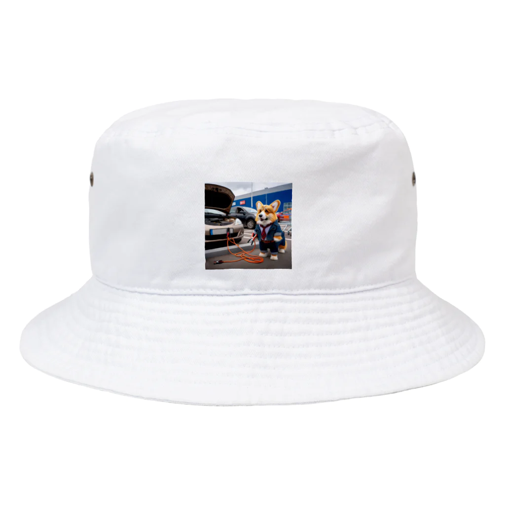 Colorful Canvasの車のバッテリーがあがって、立ち往生しているコーギー Bucket Hat