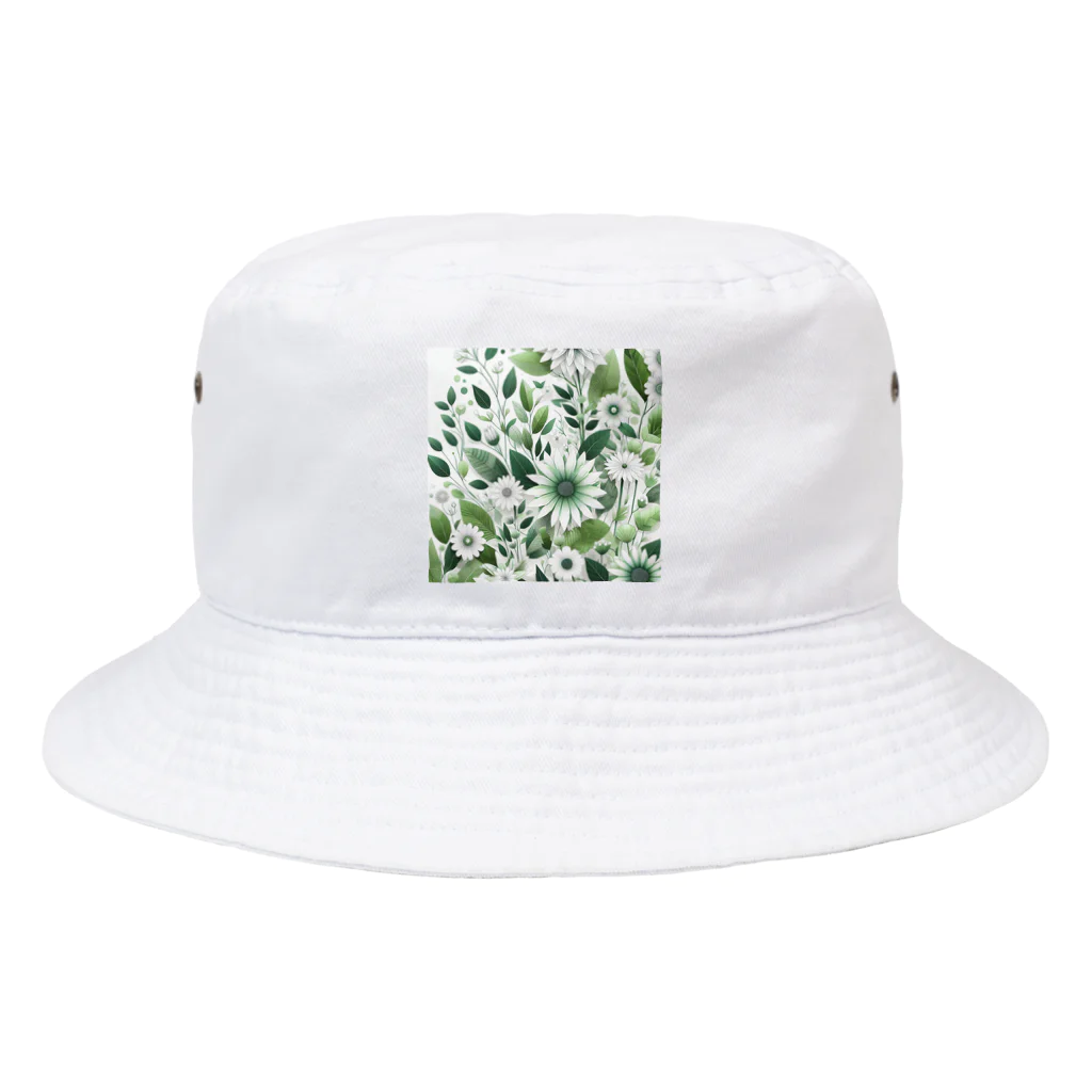 アミュペンの数学的で洗練されたデザインの白と緑の花 Bucket Hat