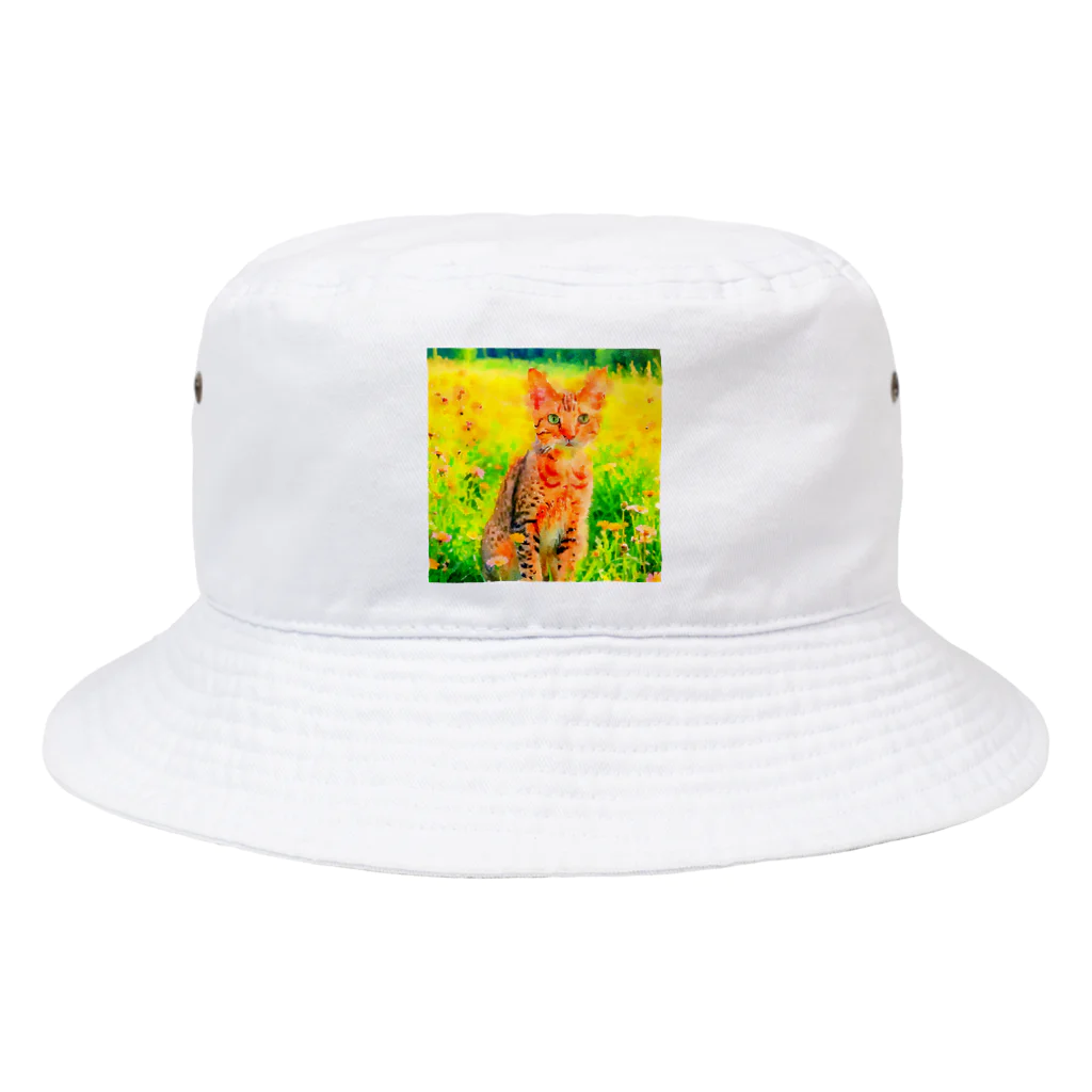 猫好きの谷の猫の水彩画/花畑のオシキャットねこのイラスト/キジトラネコ Bucket Hat