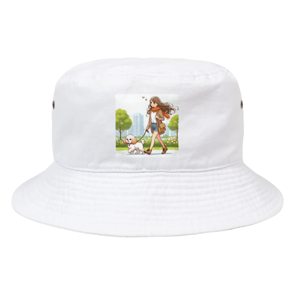 南国のかわいい犬と散歩をする女性 Bucket Hat