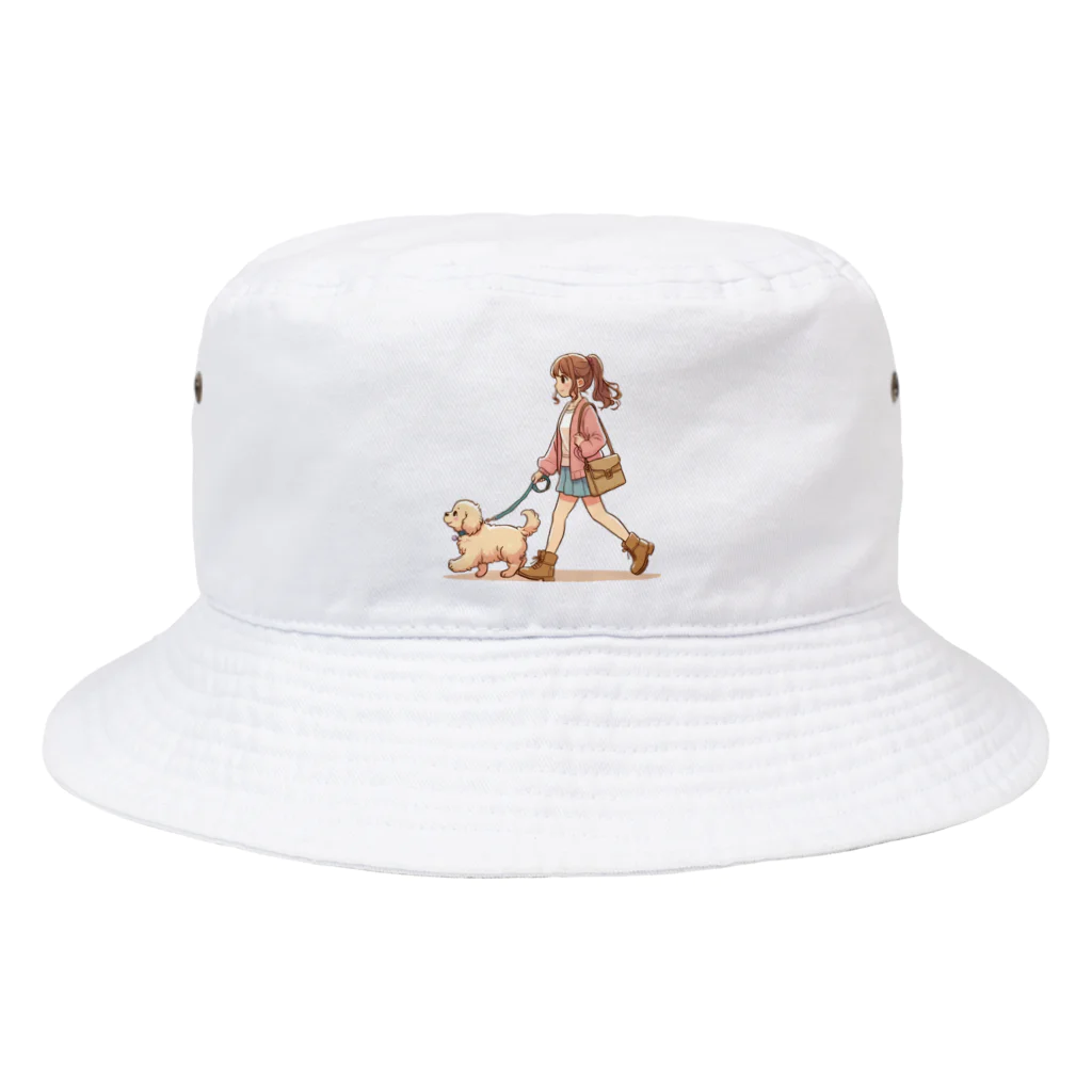 南国のかわいい犬と散歩をする女性 Bucket Hat