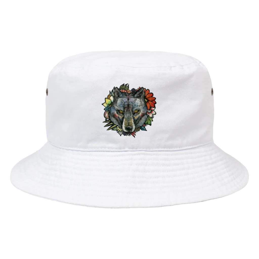 筆ペン画家 原良輔のオオカミと花 Bucket Hat