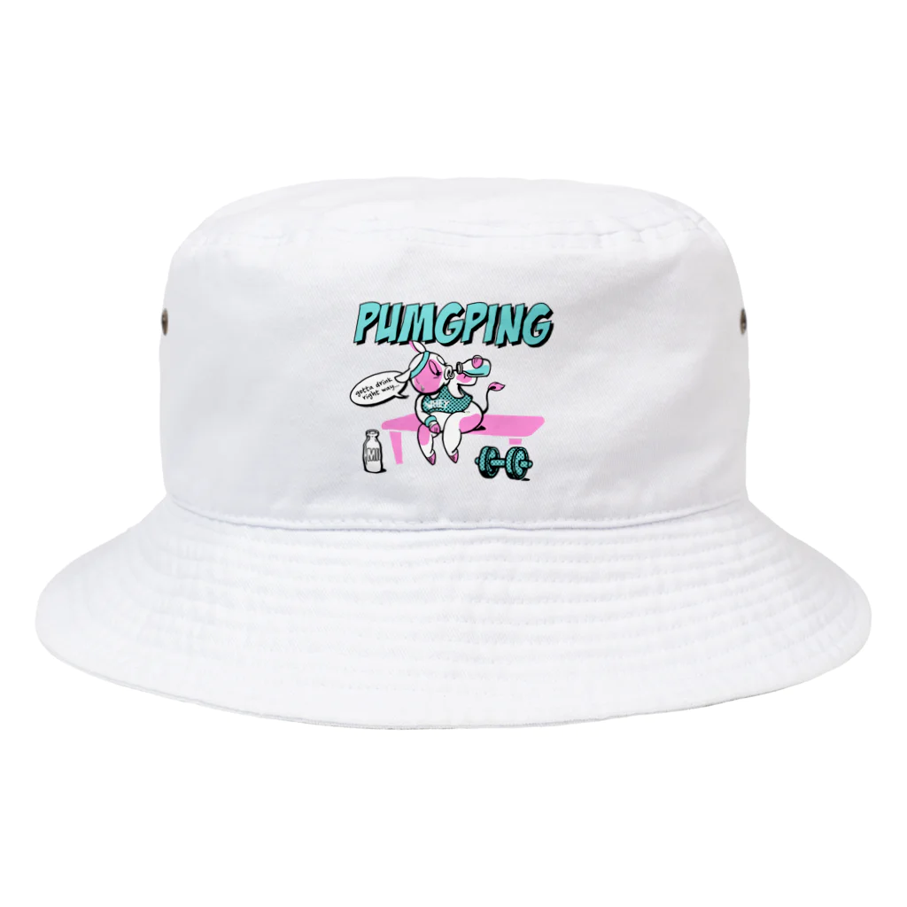 PUMGPINGのプロテインを飲むウシさんバケットハット（ホワイト） Bucket Hat