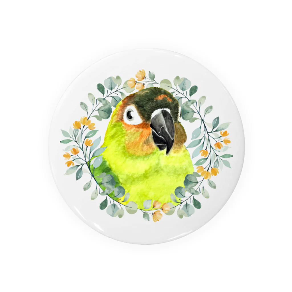 mariechan_koboの020 クロカミインコ(ハイブリッド)　オレンジ小花のリース Tin Badge