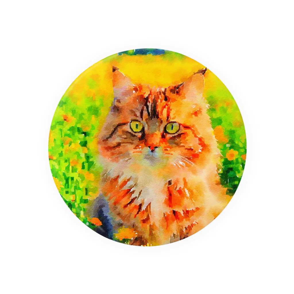 猫好きの谷の猫の水彩画/花畑のサイベリアンねこのイラスト/キジトラネコ Tin Badge