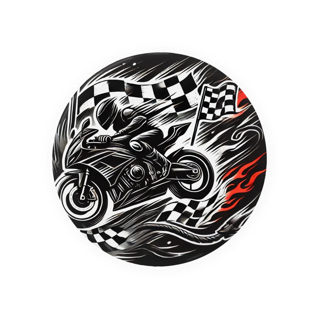 the blue seasonのスピードと情熱の象徴：バイクとレースフラッグのワイルドロゴ Tin Badge