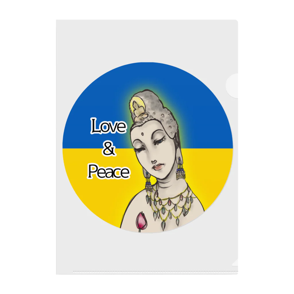 諭苑のSUZURI店のLove＆Peace観世音菩薩ウクライナ国旗背景 クリアファイル
