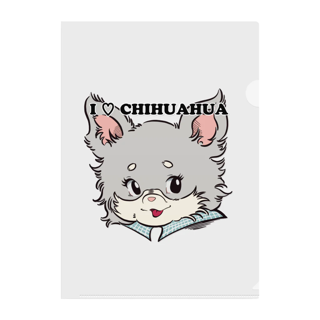 チャリティーグッズ-犬専門デザインのチワワ-ブルー&グレー・イザベラタン「I♡CHIHUAHUA」 クリアファイル