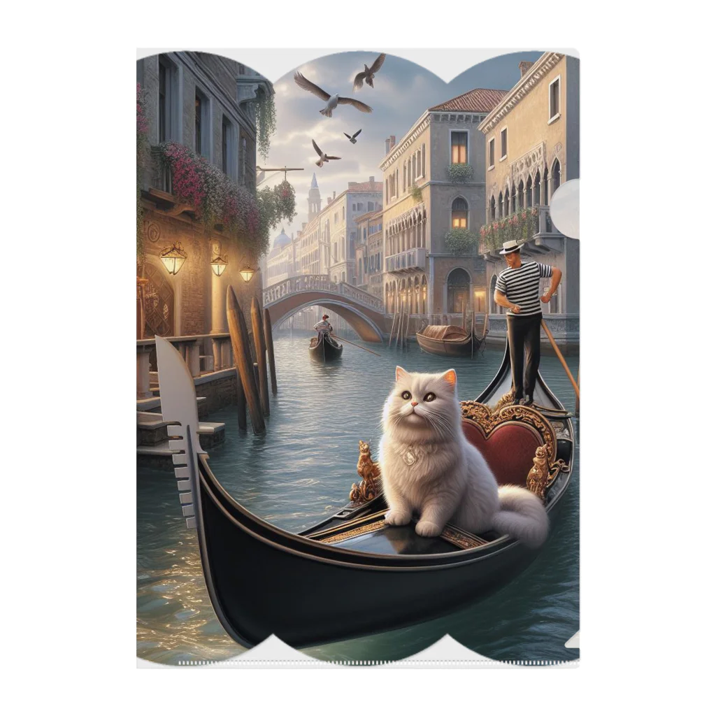 ニャーちゃんショップのヴェネツィアの運河でゴンドラに乗っているネコ クリアファイル