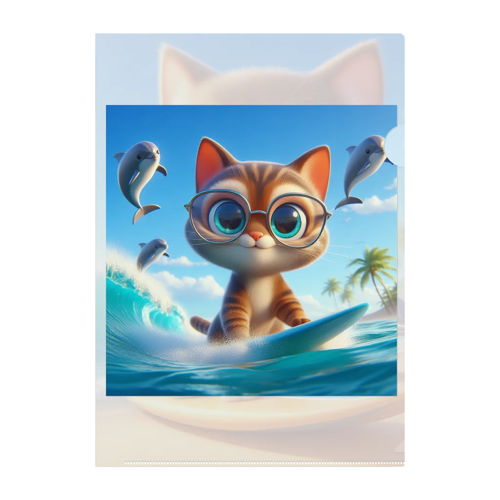 猫と紡ぐ物語のお気に入りのサーフボードでサーフィンする猫 Clear File Folder