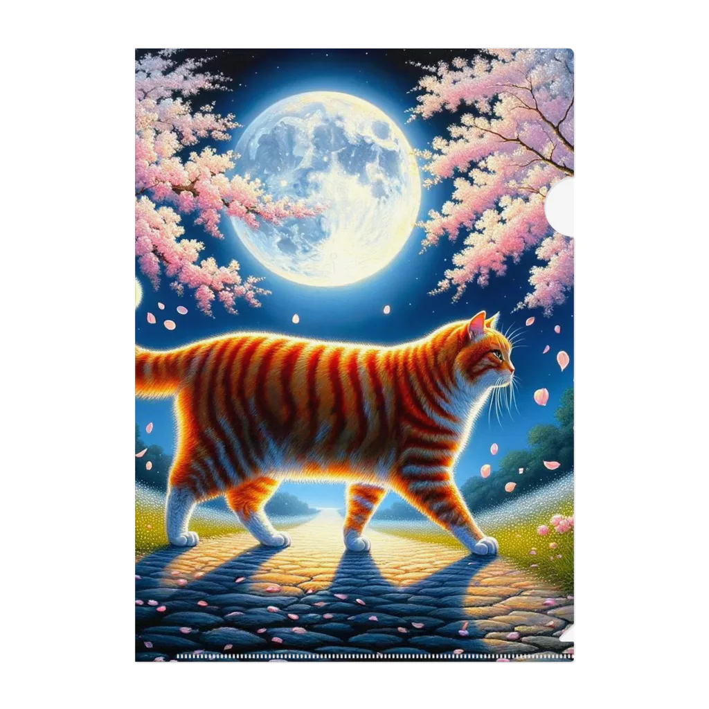 kyonyの月夜の桜と虎猫 クリアファイル