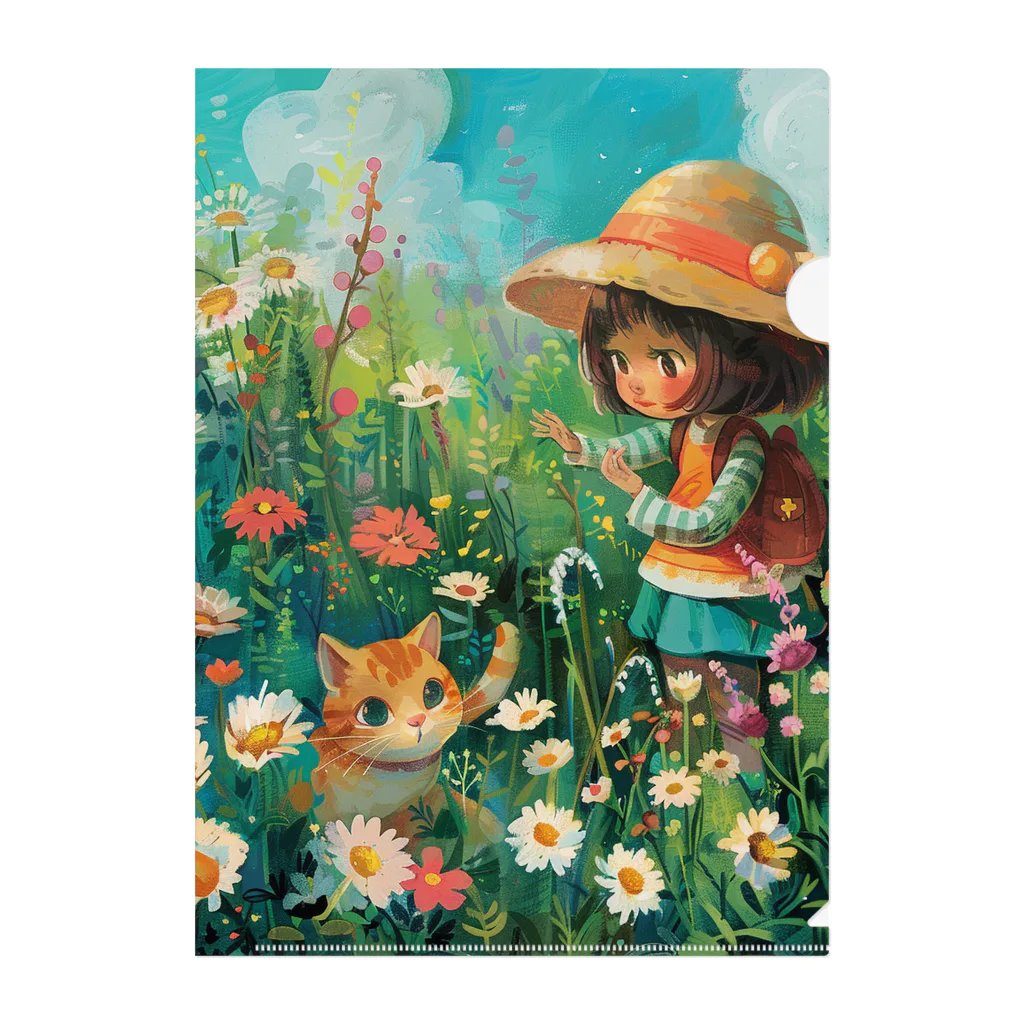 AQUAMETAVERSEのお花畑に囲まれる猫ちゃんと私 アメジスト 2846 クリアファイル