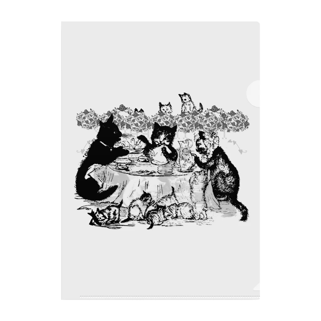 海賊猫 cocoのDonation Items for cats 『木曜の午後のお茶会』猫ちゃんたちのお茶会☕白黒 はちわれ タキシード☕薔薇 庭 猫の日 Clear File Folder