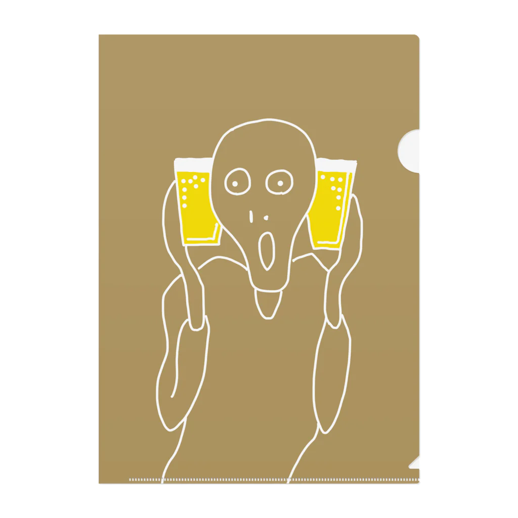 ビールとアート TM-3 Designの名画 × BEER（ムンクの叫び）白線画-ベージュ クリアファイル