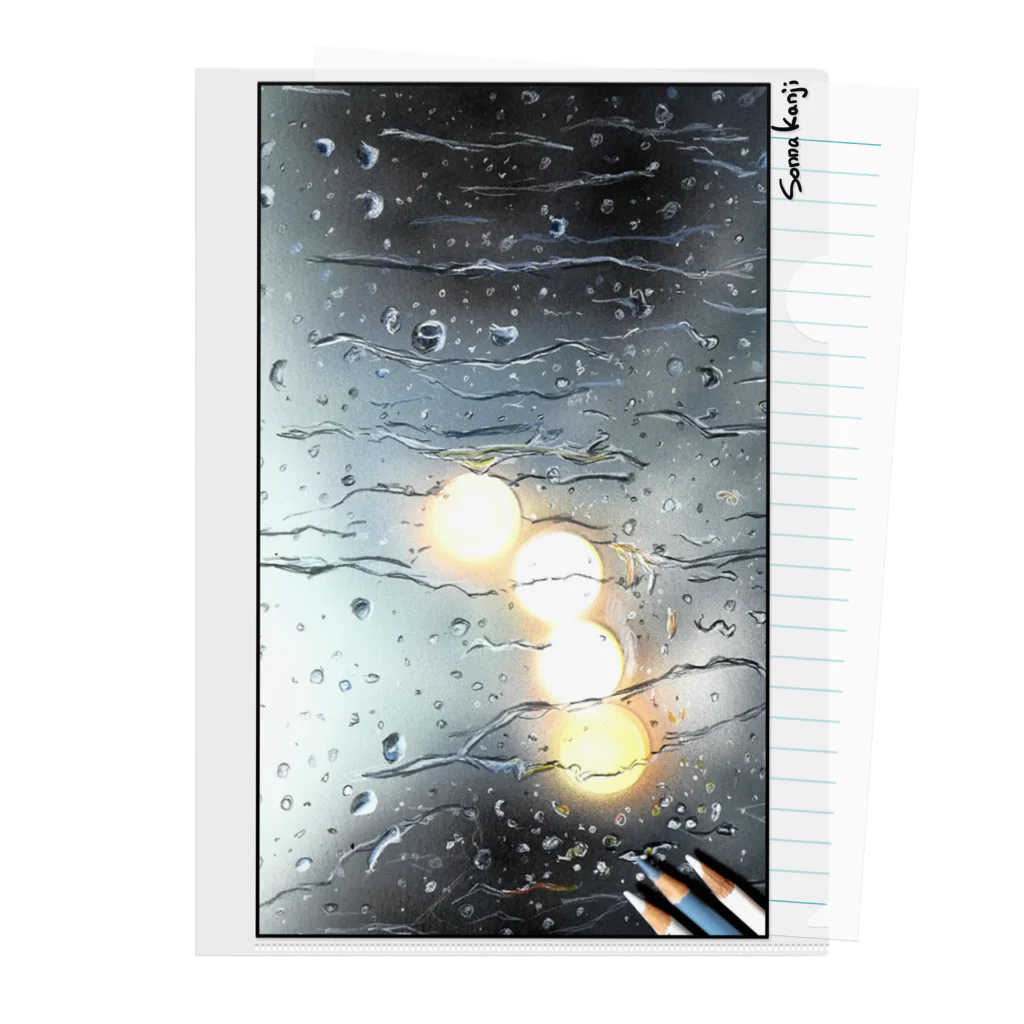 Sonna Kanjiのグッズの窓の水滴と車のライト クリアファイル