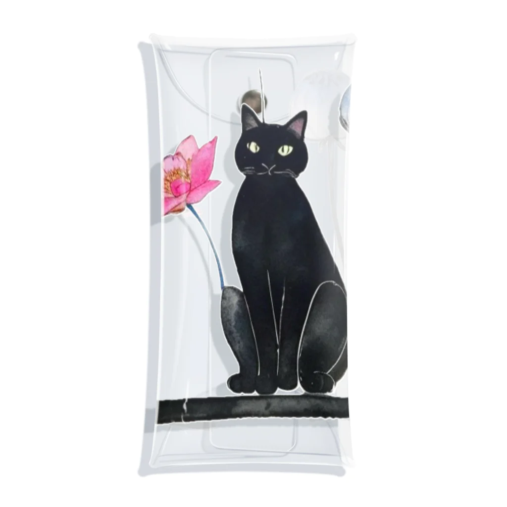 幸運のしっぽの黒猫と花 Clear Multipurpose Case