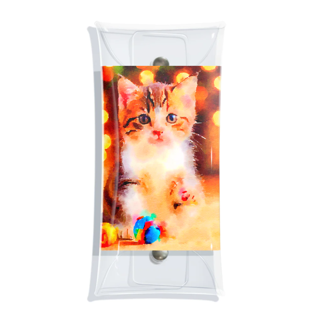 猫好きの谷の猫の水彩画/キジシロねこのイラスト/おもちゃで遊ぶキジ白ネコ クリアマルチケース