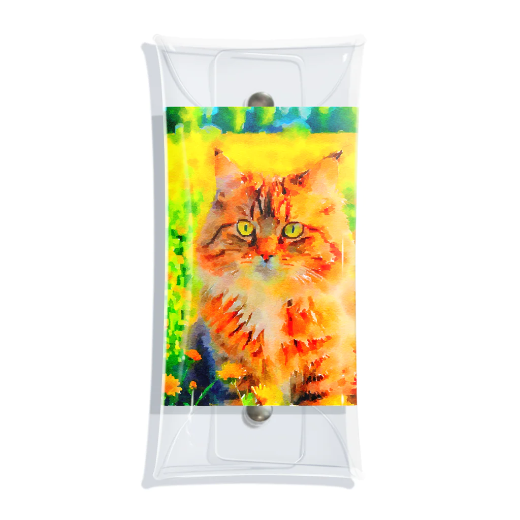 猫好きの谷の猫の水彩画/花畑のサイベリアンねこのイラスト/キジトラネコ クリアマルチケース