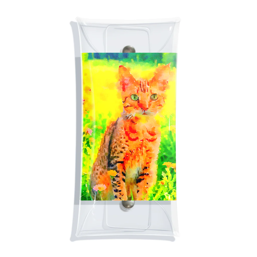 猫好きの谷の猫の水彩画/花畑のオシキャットねこのイラスト/キジトラネコ クリアマルチケース