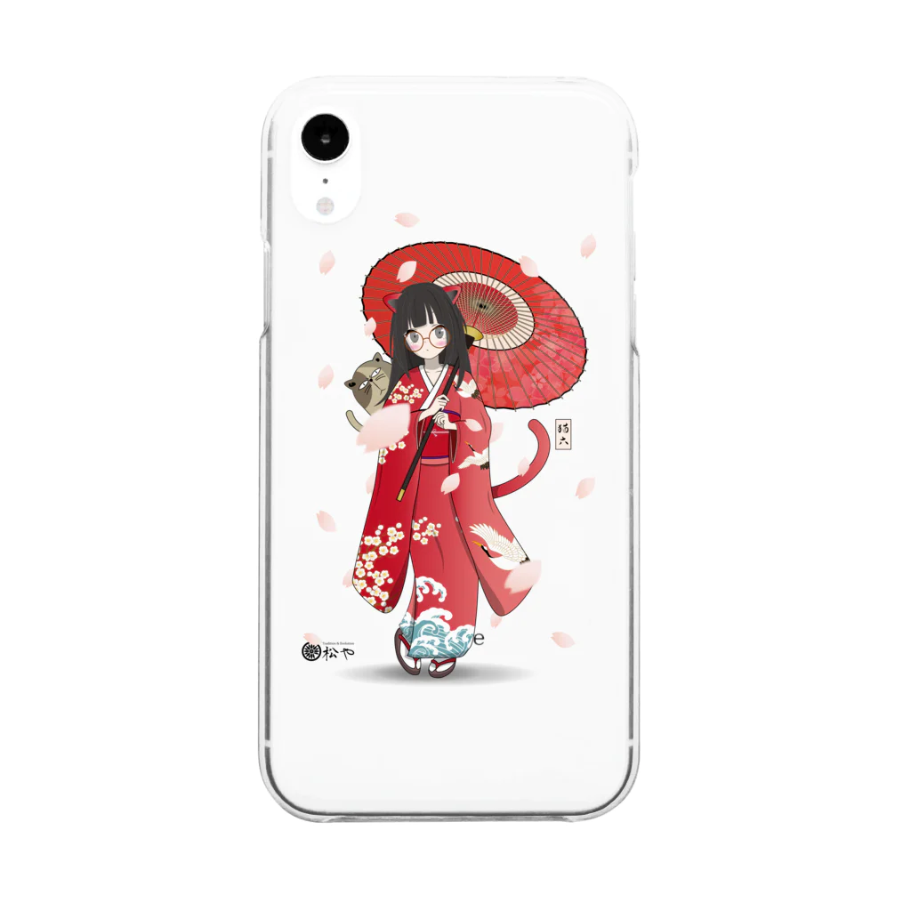 松や SUZURI店の桜吹雪と猫六 Clear Smartphone Case