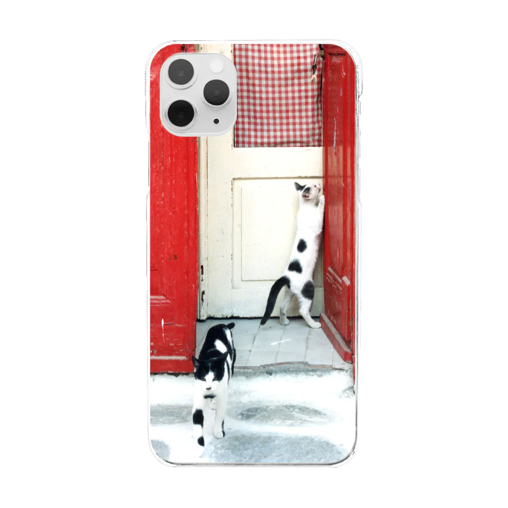 黒猫デザインのエーゲ海の猫　赤い扉 Clear Smartphone Case