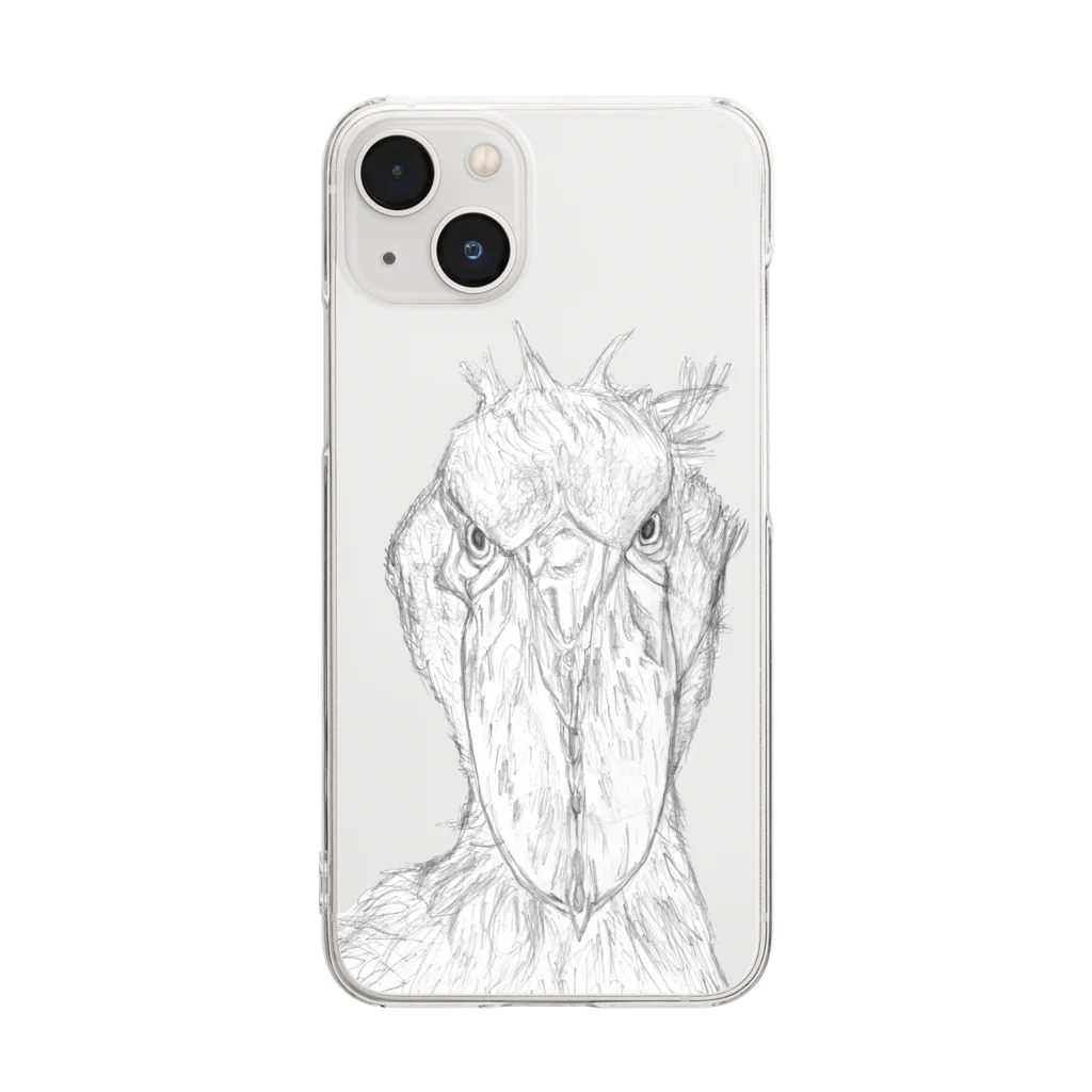 森図鑑の[森図鑑] ハシビロコウの顔 鉛筆画 Clear Smartphone Case