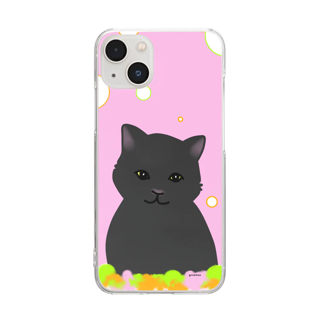 greetenの癒やし猫　黒猫 ピンク Clear Smartphone Case