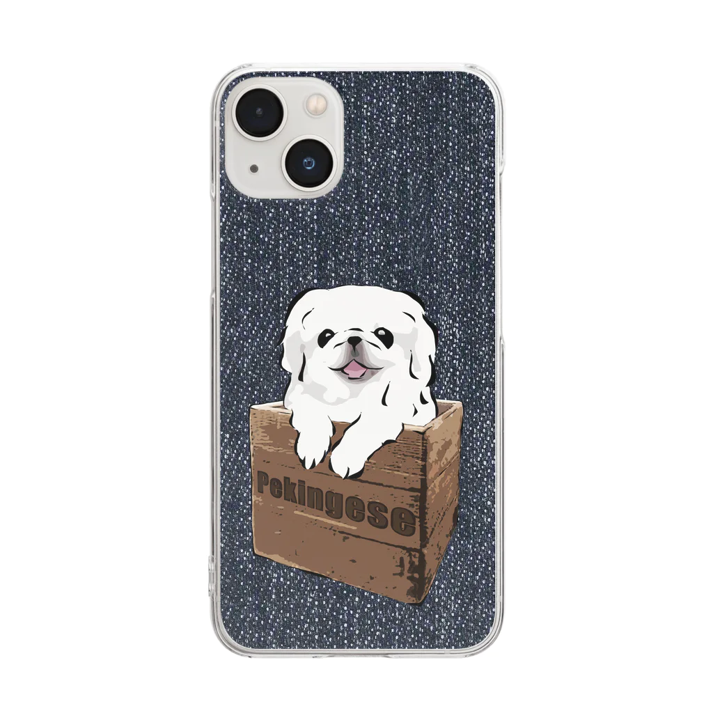 犬グッズの店しえるぶるーの箱入り犬　白ペキニーズ　デニム Clear Smartphone Case