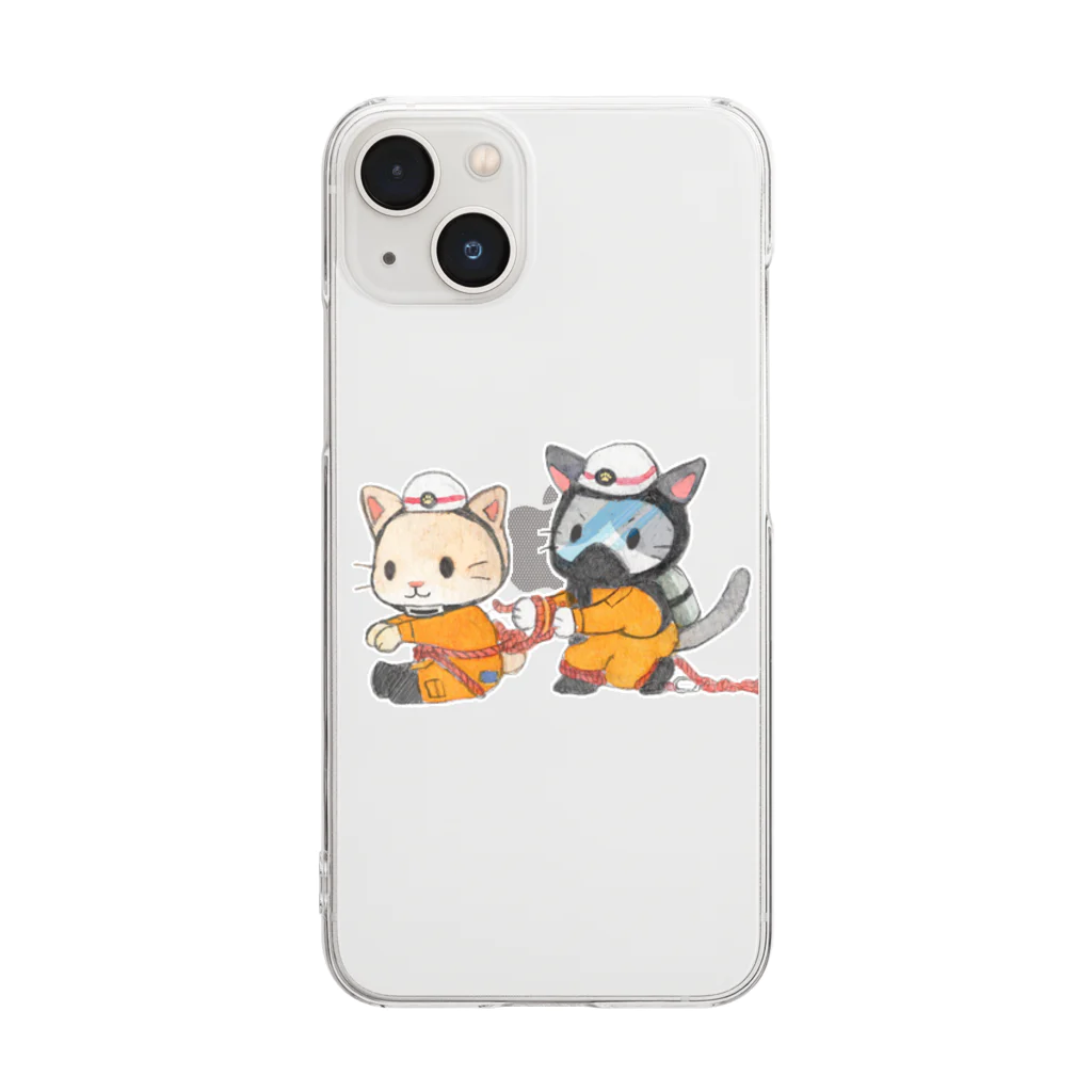 消防 と ねこちゃんのほふく救助結索をするレスキュー隊のねこちゃん Clear Smartphone Case