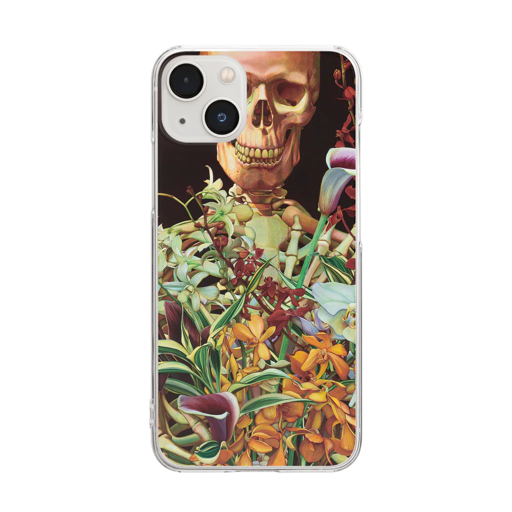 骸骨がメインの作品の骸骨と花 Clear Smartphone Case