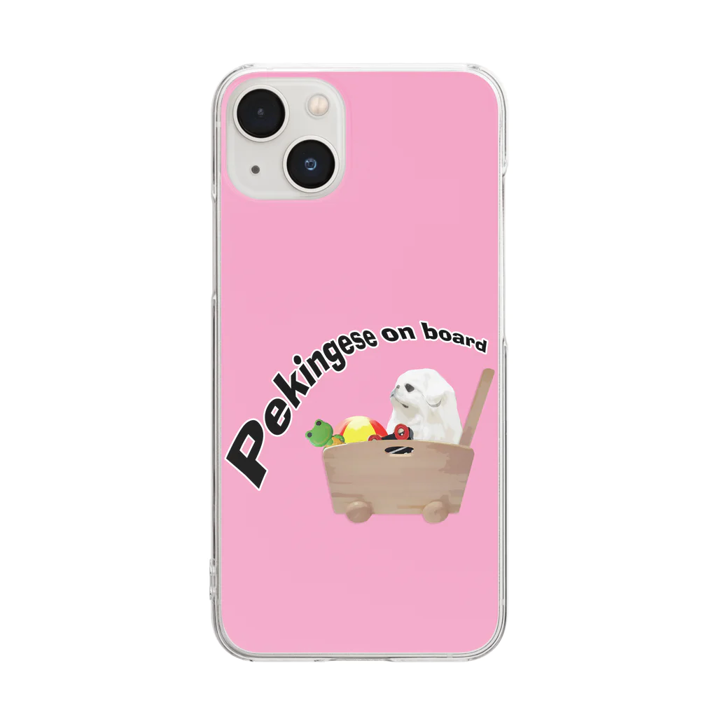犬グッズの店しえるぶるーのおもちゃ箱に乗ったペキニーズ　ピンク背景 Clear Smartphone Case