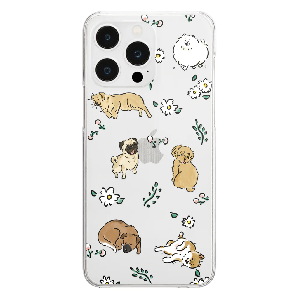 omamiの犬とお花柄 Clear Smartphone Case