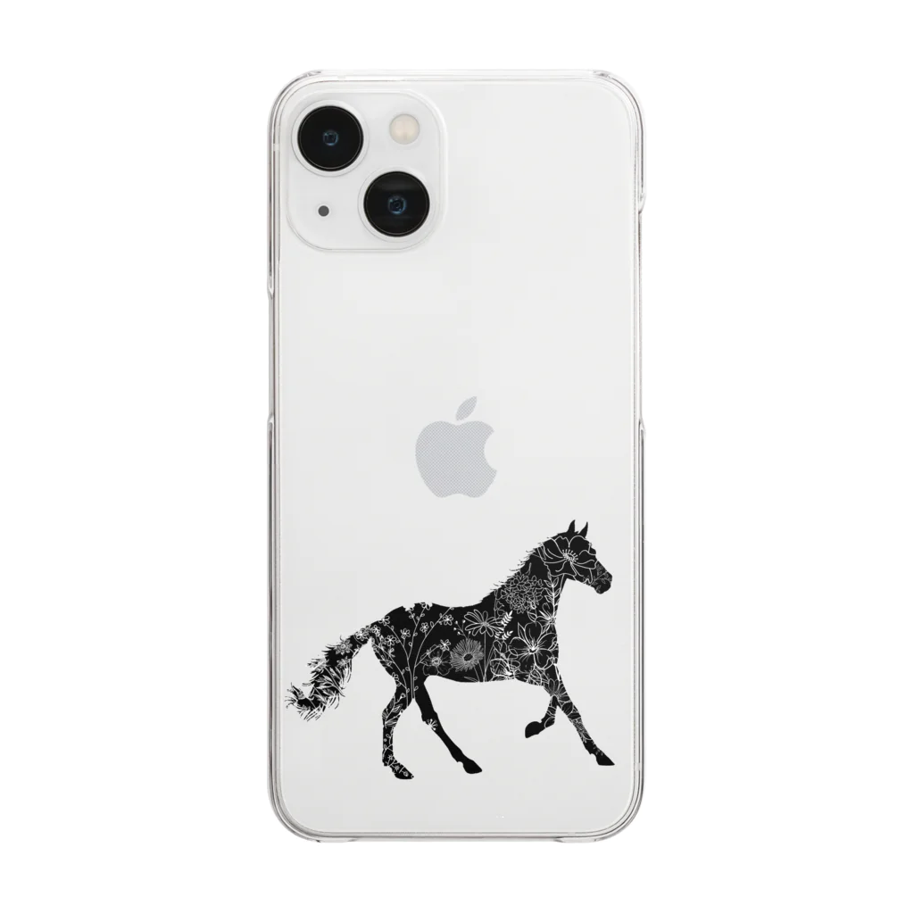 horse-lvのブラックホース花柄白抜き Clear Smartphone Case