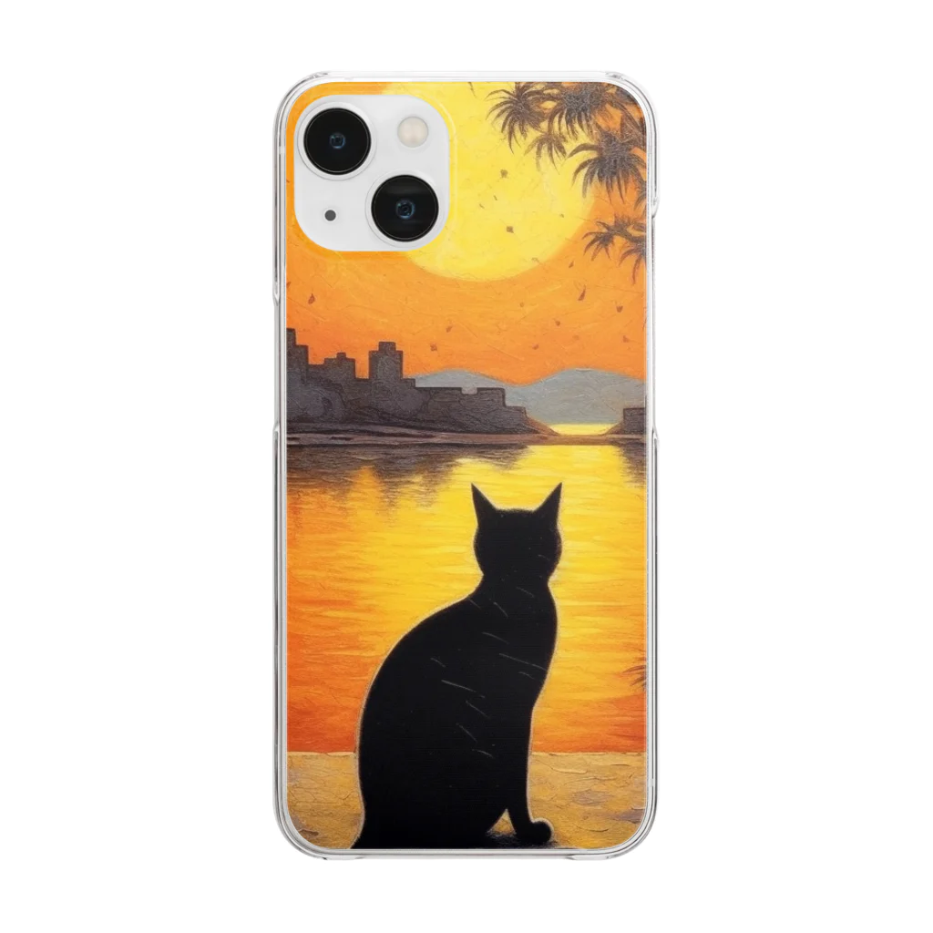 ねこねこGAMESの夕日と猫 Clear Smartphone Case