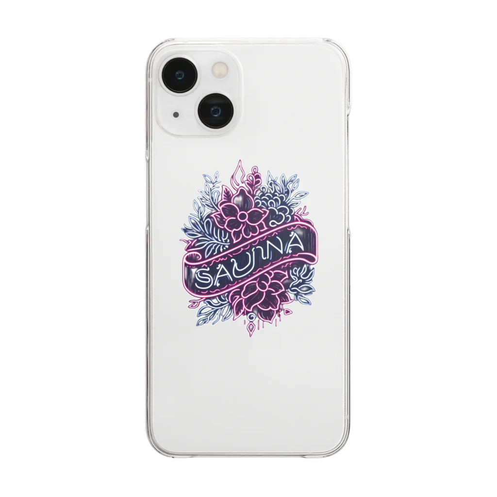 N SAUNA LOGOのネオン風花柄サウナロゴ11　花柄ver.4 Clear Smartphone Case