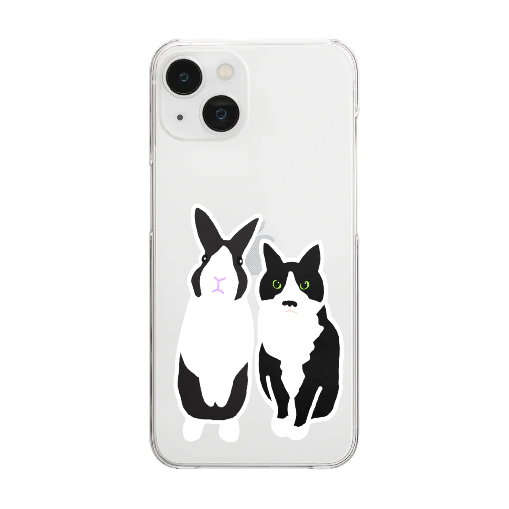 黒白部のダッチうさぎ(立)とハチワレねこ Clear Smartphone Case