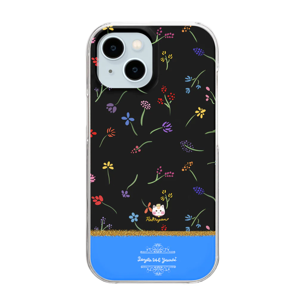 旅猫王子れぉにゃん👑😼公式(レイラ・ゆーし。)のバイカラー【小花柄☆れぉにゃん】ブルー Clear Smartphone Case