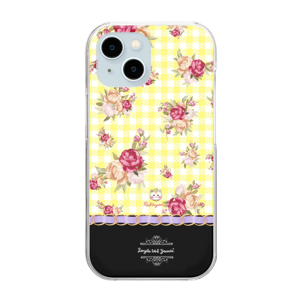 旅猫王子れぉにゃん👑😼公式(レイラ・ゆーし。)の【黄色チェック柄🌹バラ】紫チェーン Clear Smartphone Case
