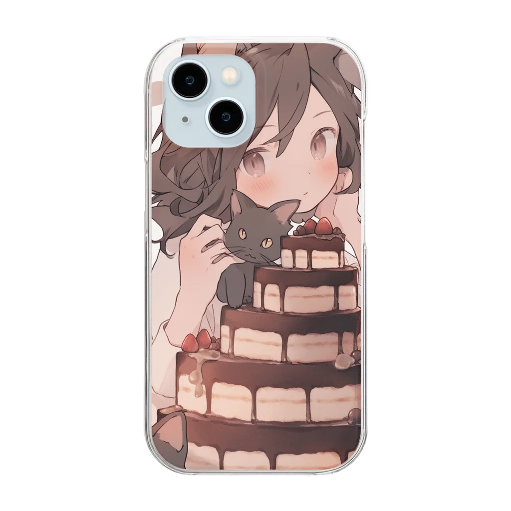 シロクマペンギンのネコちゃんとチョコレートケーキ Clear Smartphone Case