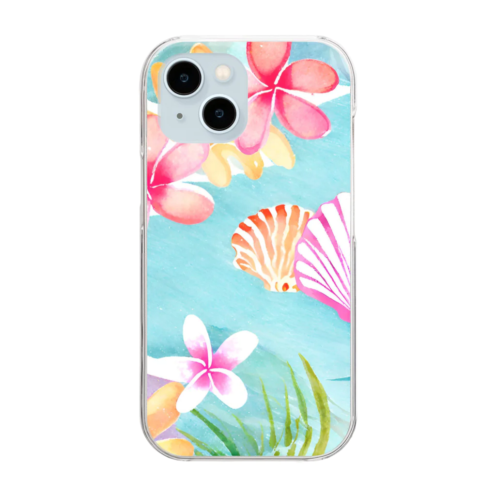 tropical artのプルメリアフラワー＆シェル　plumeria flower & shell Clear Smartphone Case