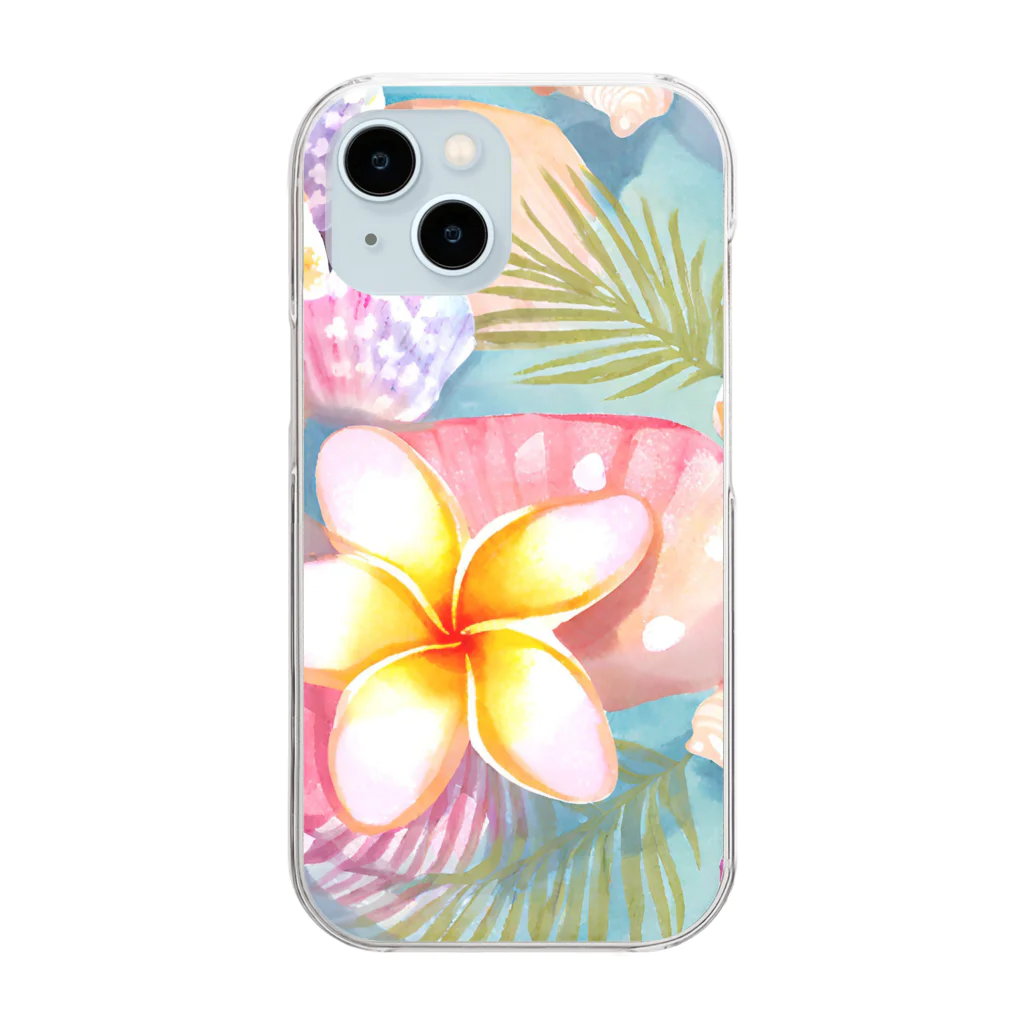 tropical artのプルメリアフラワー＆シェル　plumeria flower & shell Clear Smartphone Case