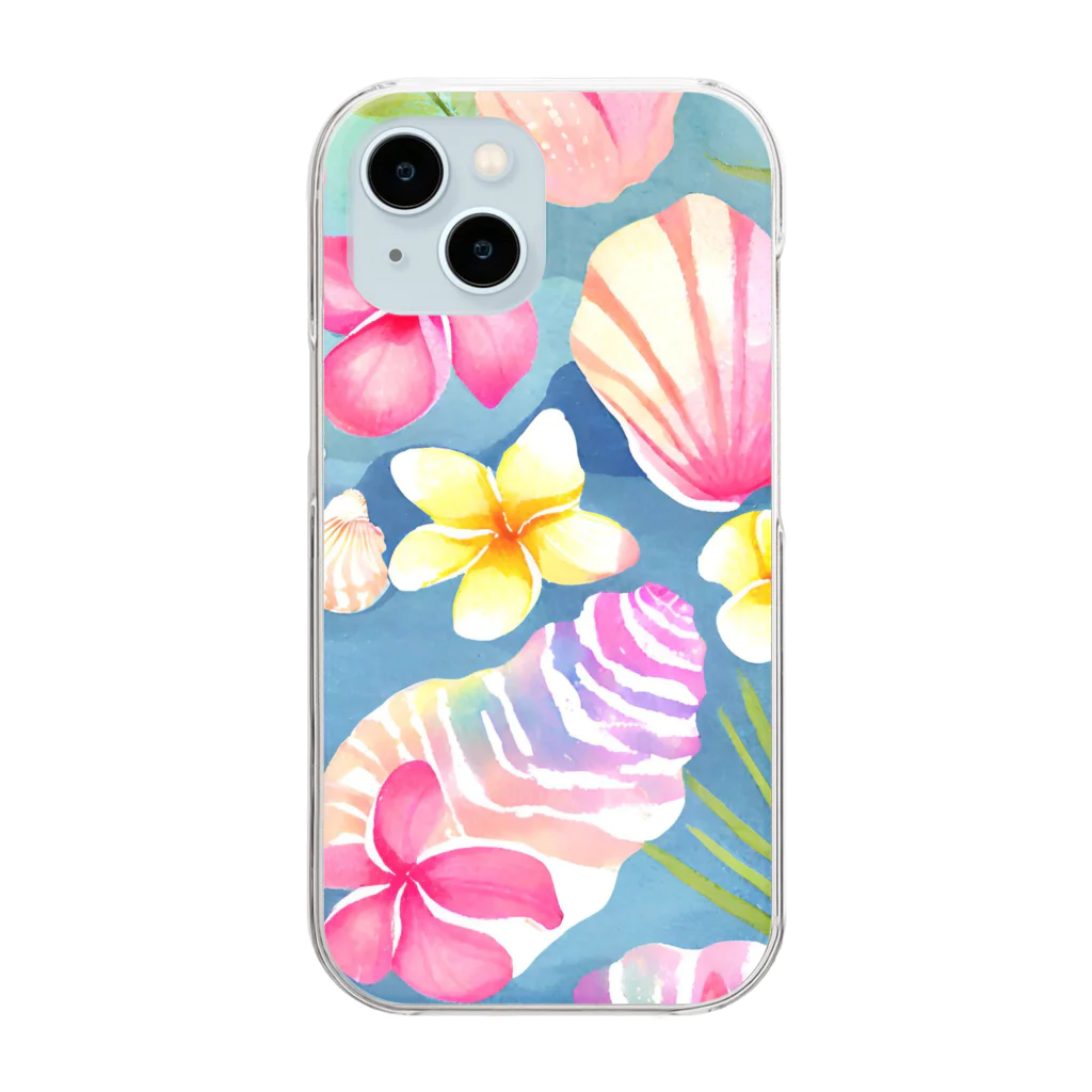 tropical artのプルメリアフラワー＆シェル　plumeria flower & shell Clear Smartphone Case