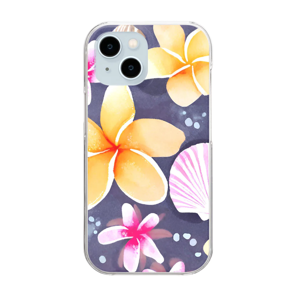 tropical artのプルメリアフラワー＆シェル　plumeria flower & shell Clear Smartphone Case