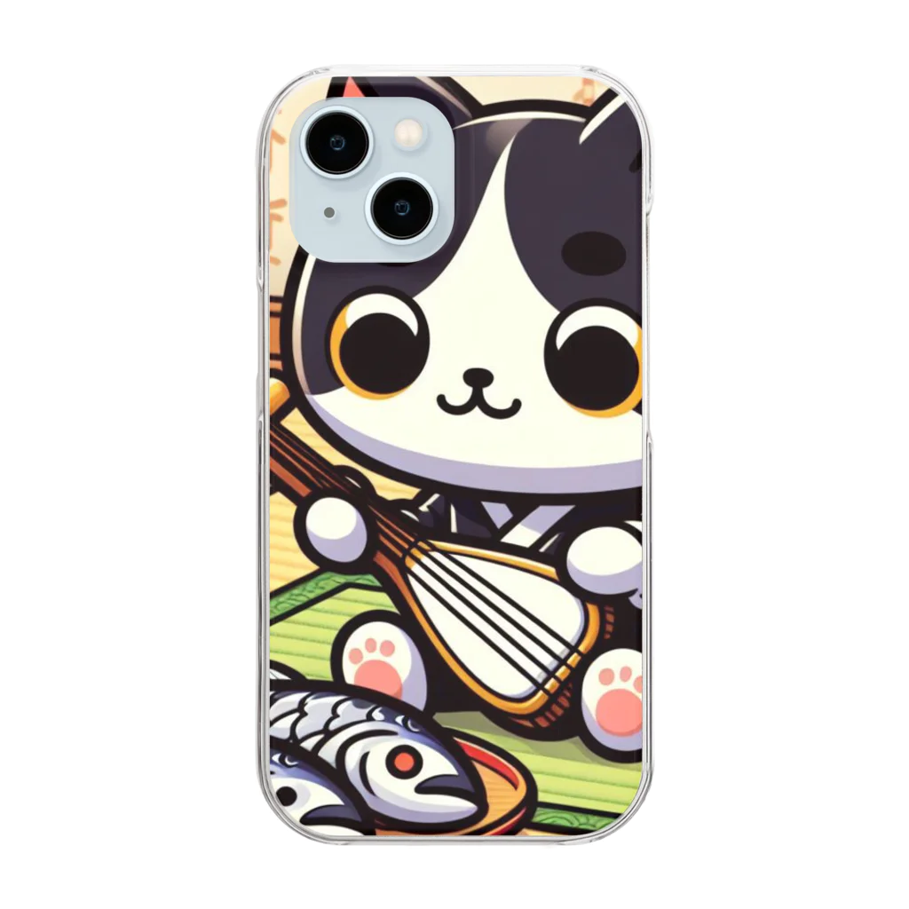 ネコ好きさんのショップの三味線をひく猫 Clear Smartphone Case