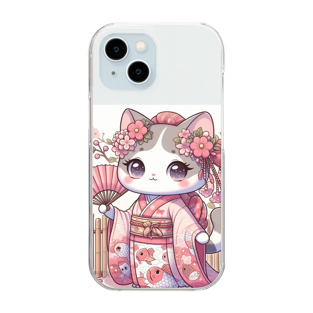 猫好き Japanの振り袖ねこ Clear Smartphone Case