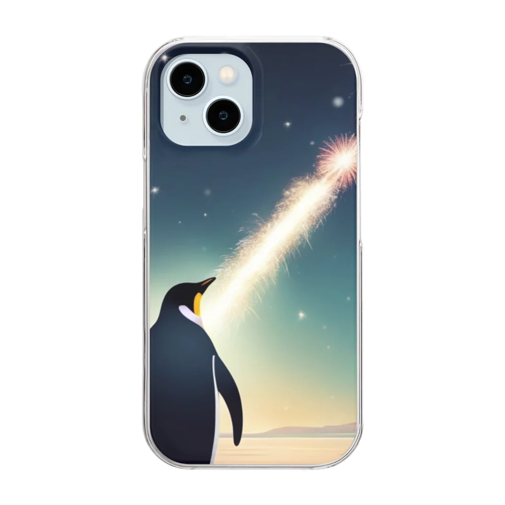 zumimityのロケット花火を見上げているペンギン クリアスマホケース