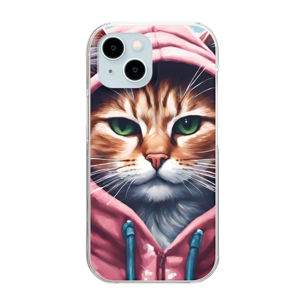 オシャンな動物達^_^の桜舞うなかオシャン猫 Clear Smartphone Case